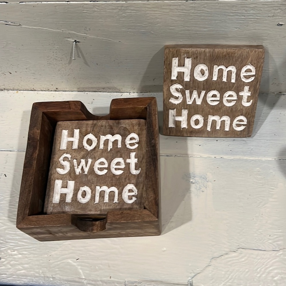 NWOT wooden carved “Home Sweet Home” coasters with wooden base